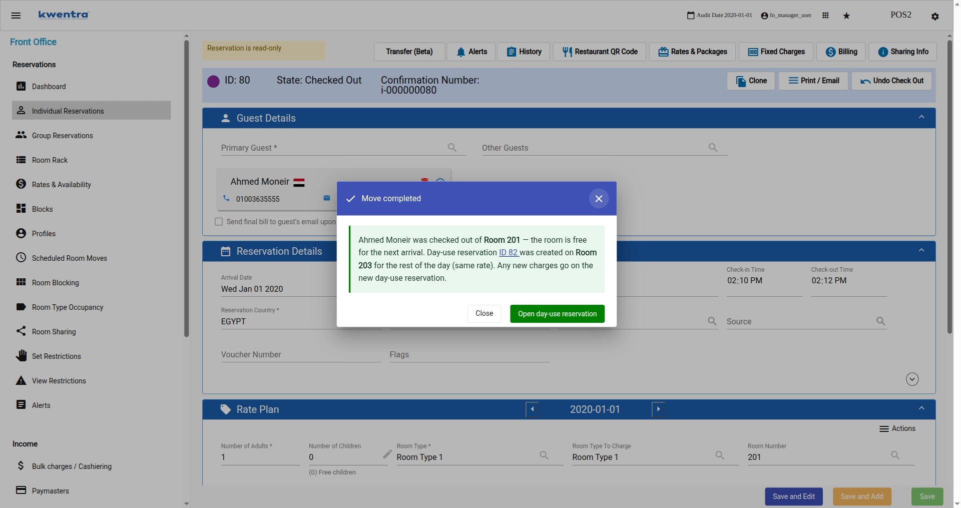 Move completed popup naming the freed room and the new day-use reservation, with an Open day-use reservation button