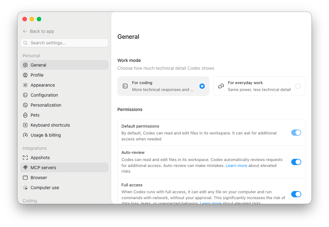 Codex Desktop settings with MCP servers selected.