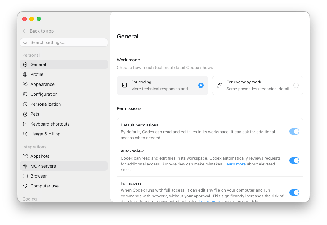 Codex Desktop settings with MCP servers selected.