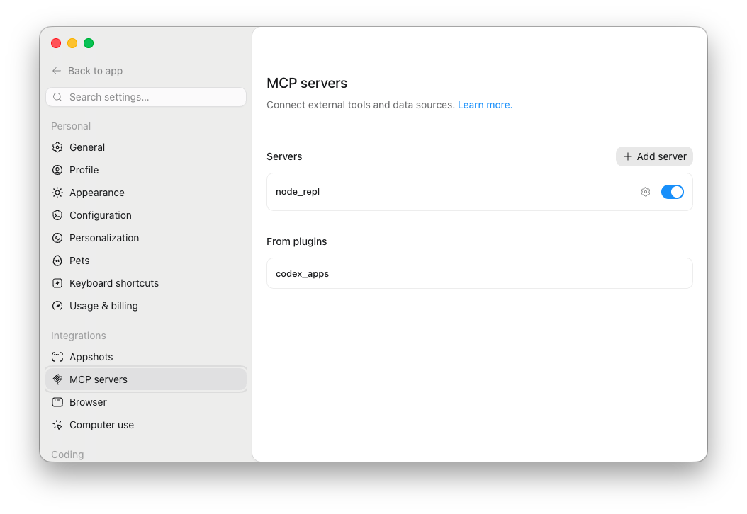 Codex Desktop MCP servers settings with Add server visible.