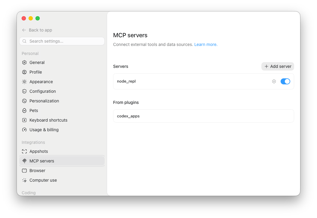 Codex Desktop MCP servers settings with Add server visible.