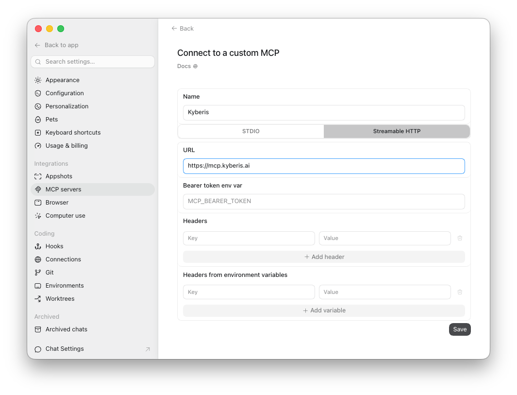 Codex Desktop custom MCP form with Kyberis, Streamable HTTP, and the Kyberis MCP URL configured.