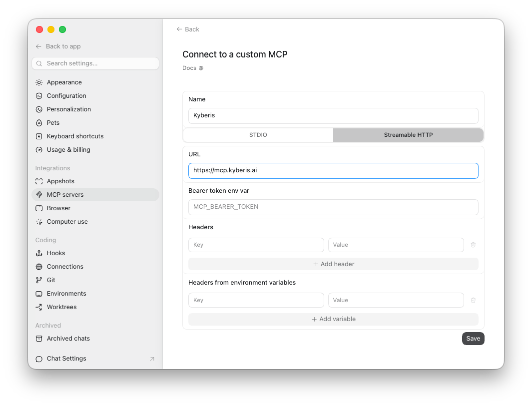 Codex Desktop custom MCP form with Kyberis, Streamable HTTP, and the Kyberis MCP URL configured.