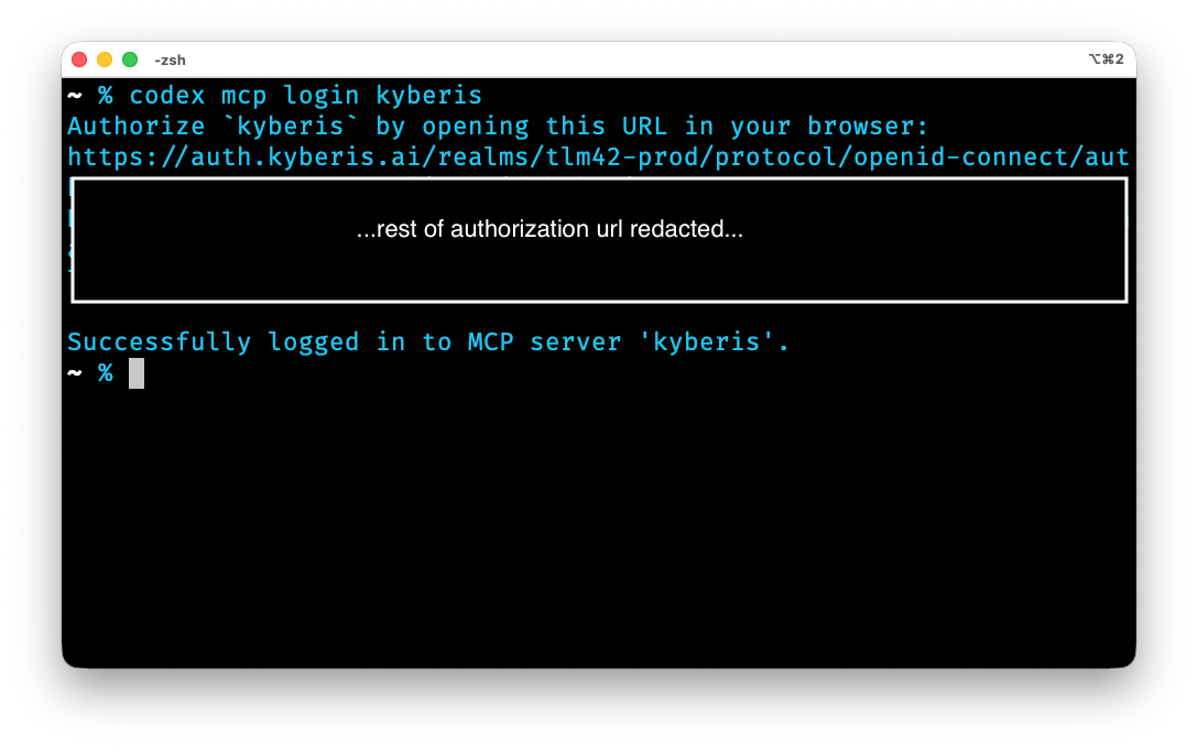 Terminal showing successful Kyberis MCP login. The authorization URL is redacted.