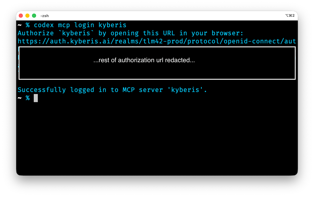 Terminal showing successful Kyberis MCP login. The authorization URL is redacted.