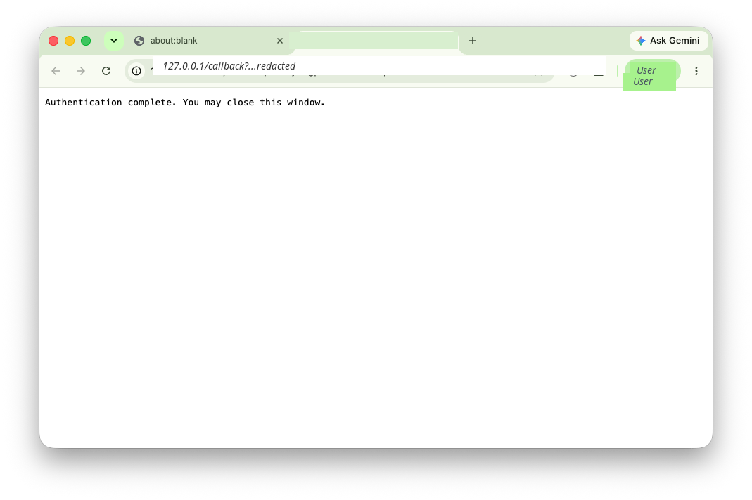 Browser callback page showing authentication complete. The callback state value is redacted.