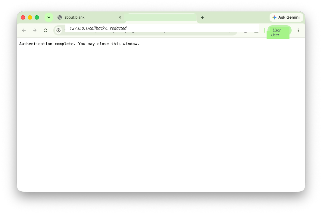 Browser callback page showing authentication complete. The callback state value is redacted.