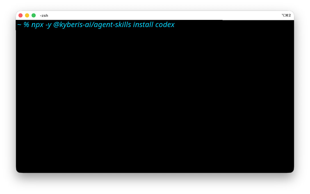 Terminal running the Kyberis skill install command for Codex.