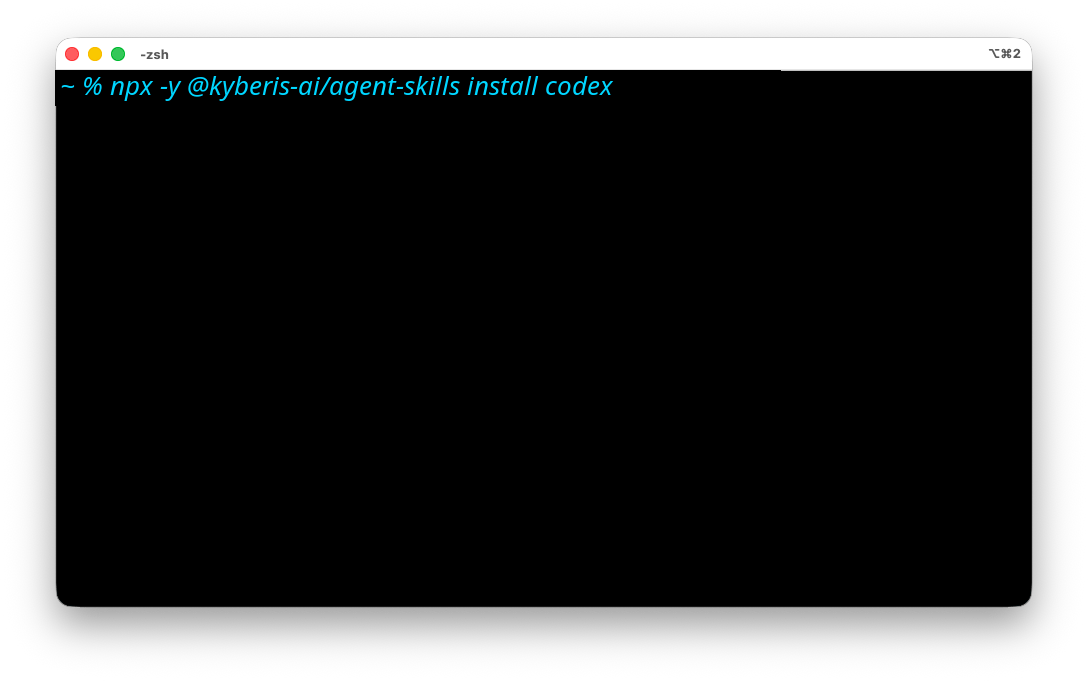 Terminal running the Kyberis skill install command for Codex.