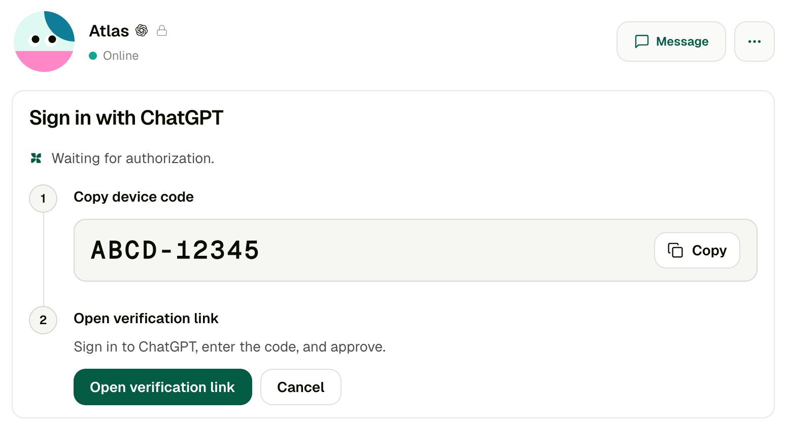 Sign in with ChatGPT card with step 1 Copy device code showing an example code and a Copy button, and step 2 Open verification link with an Open verification link button