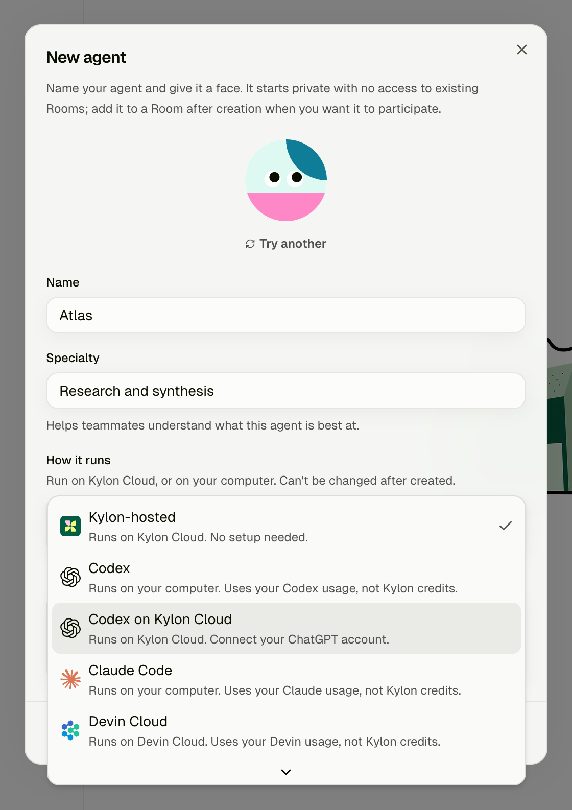 New agent dialog with the How it runs list open and Codex on Kylon Cloud highlighted: Runs on Kylon Cloud. Connect your ChatGPT account.