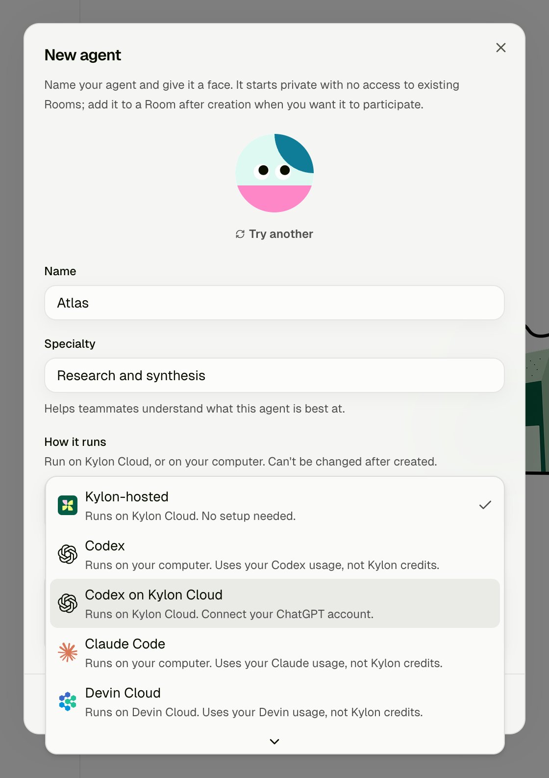 New agent dialog with the How it runs list open and Codex on Kylon Cloud highlighted: Runs on Kylon Cloud. Connect your ChatGPT account.
