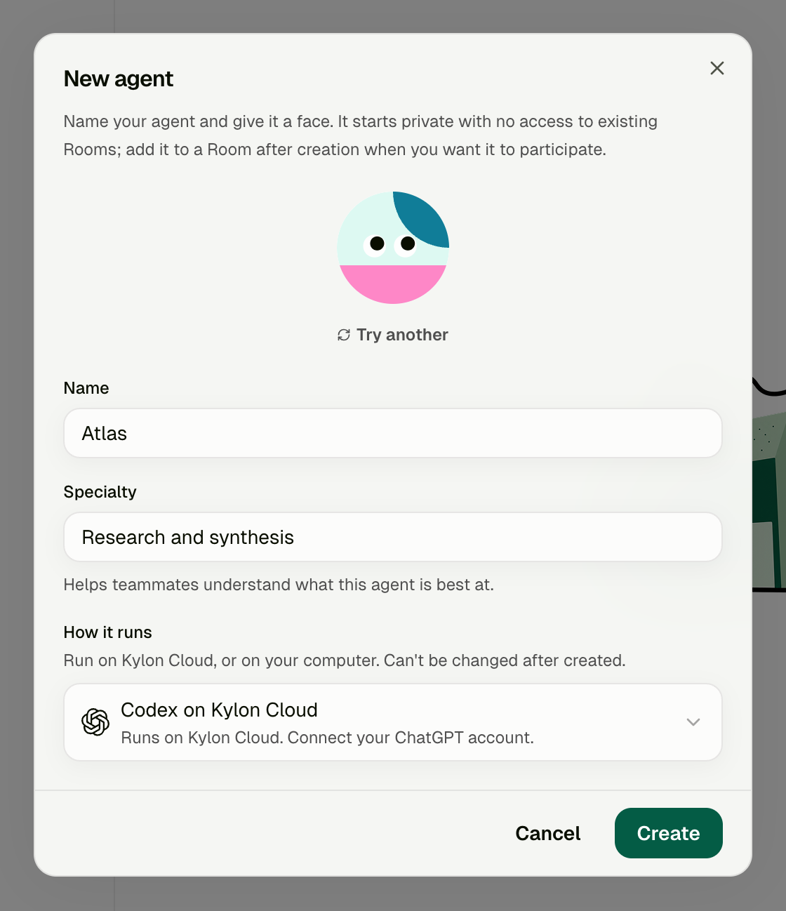 New agent dialog with Name Atlas, Specialty Research and synthesis, and How it runs set to Codex on Kylon Cloud, with the Create button enabled