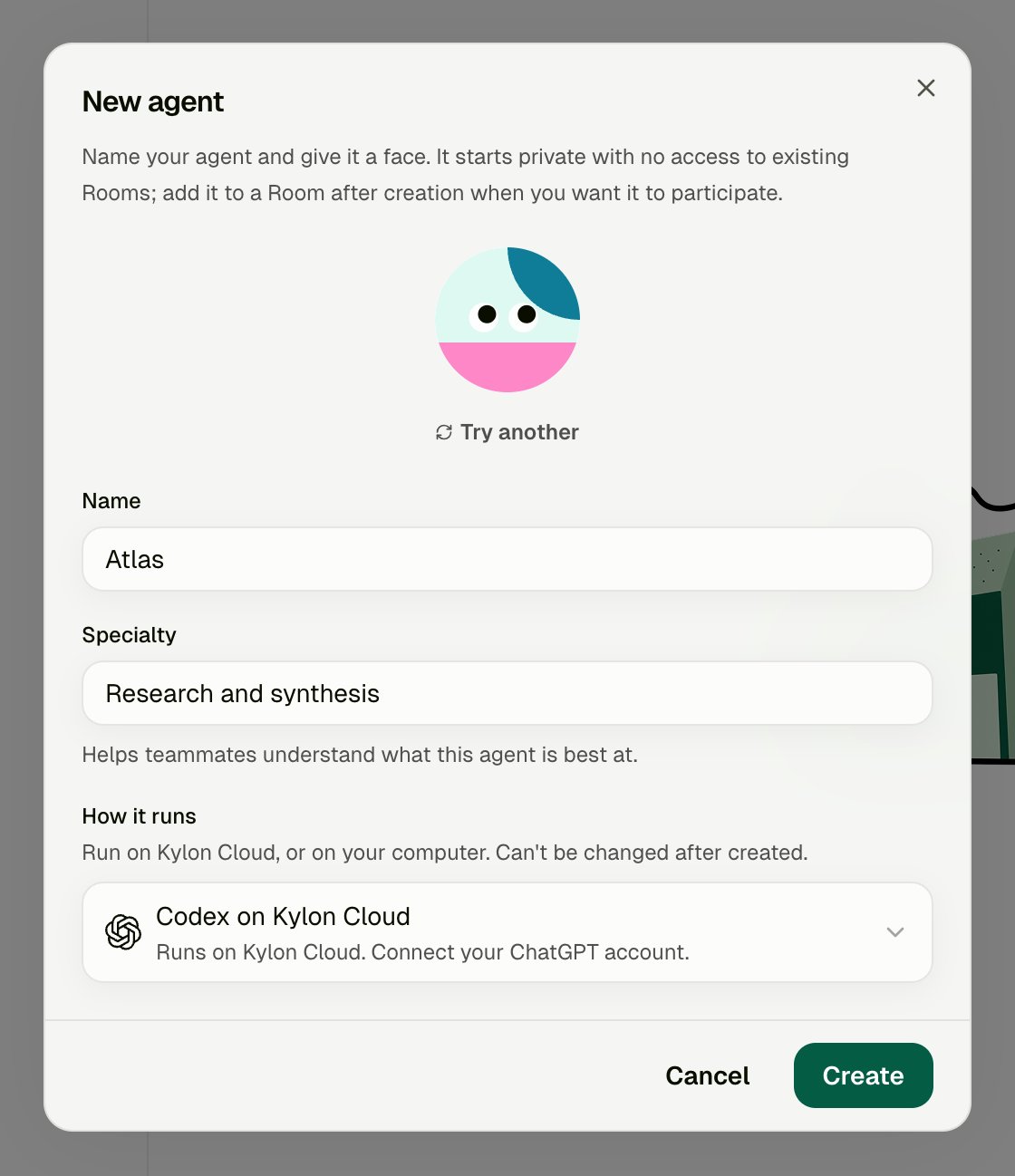 New agent dialog with Name Atlas, Specialty Research and synthesis, and How it runs set to Codex on Kylon Cloud, with the Create button enabled