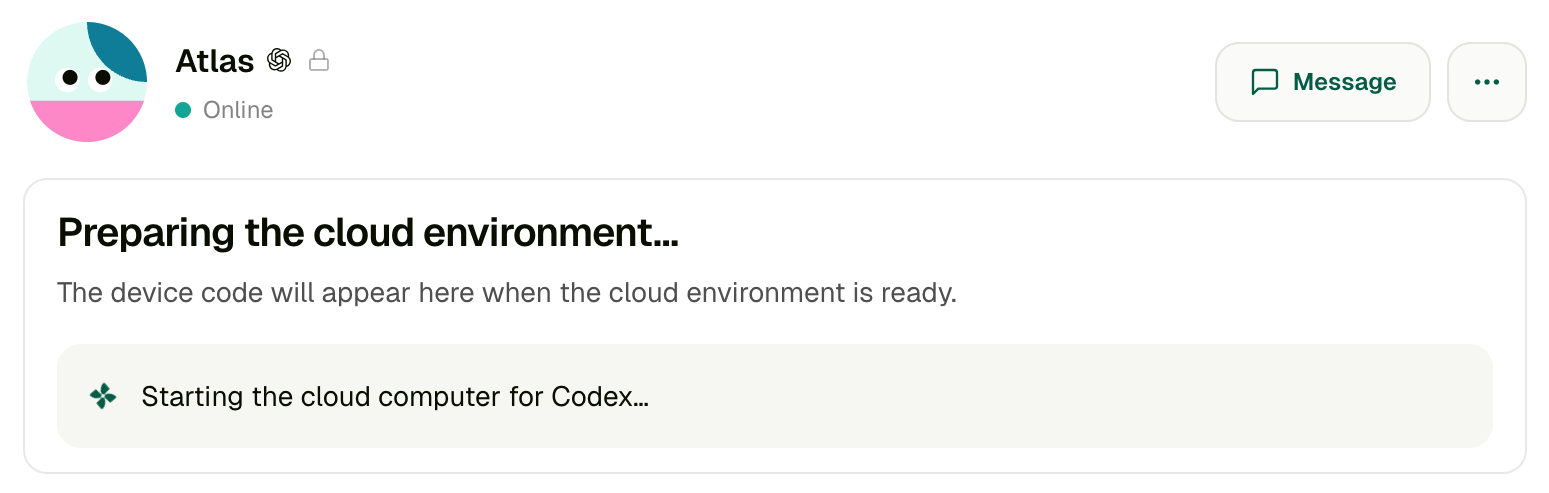 Agent profile showing Preparing the cloud environment, with the note that the device code will appear when the environment is ready