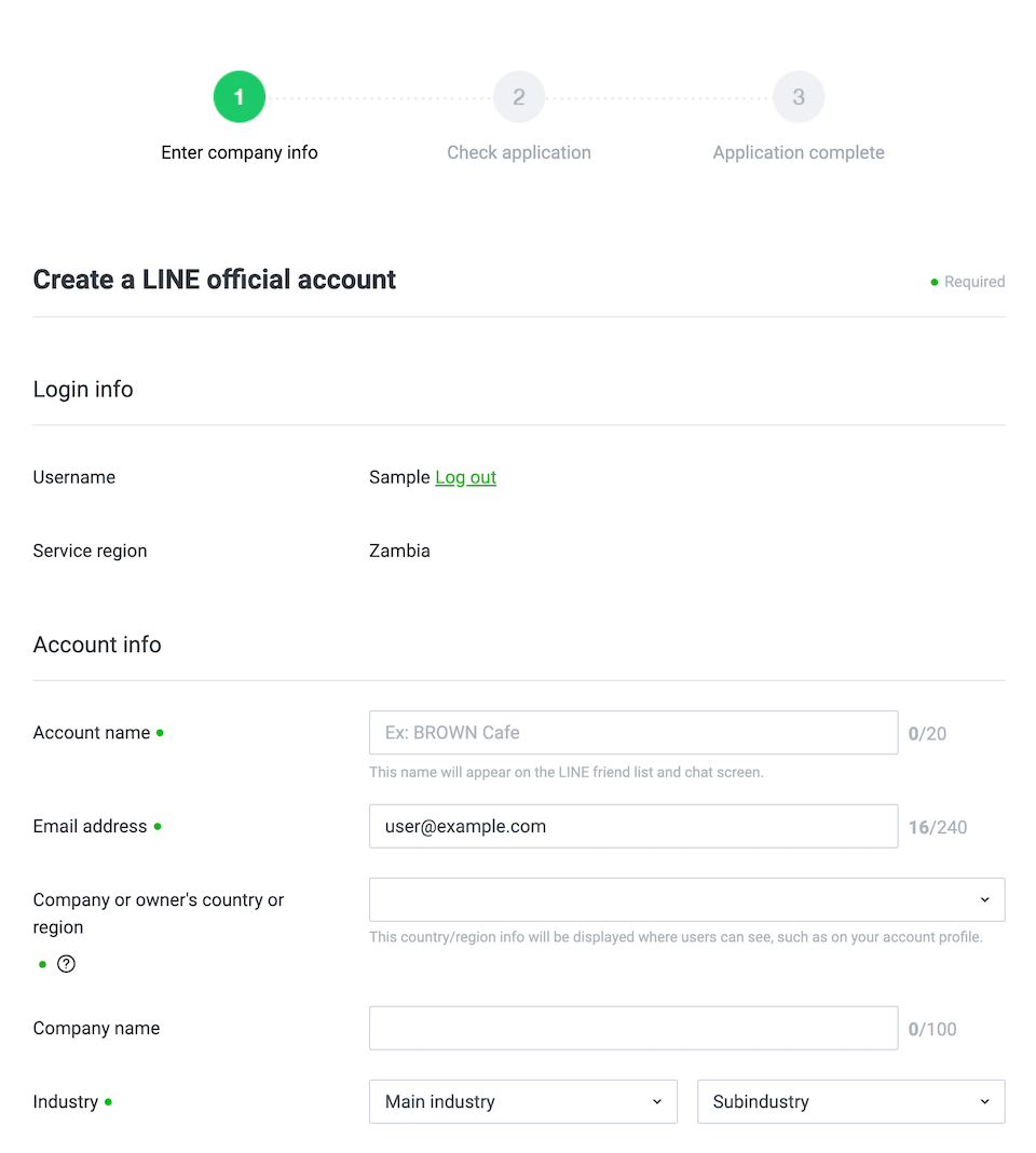 LINE Official Account creation form