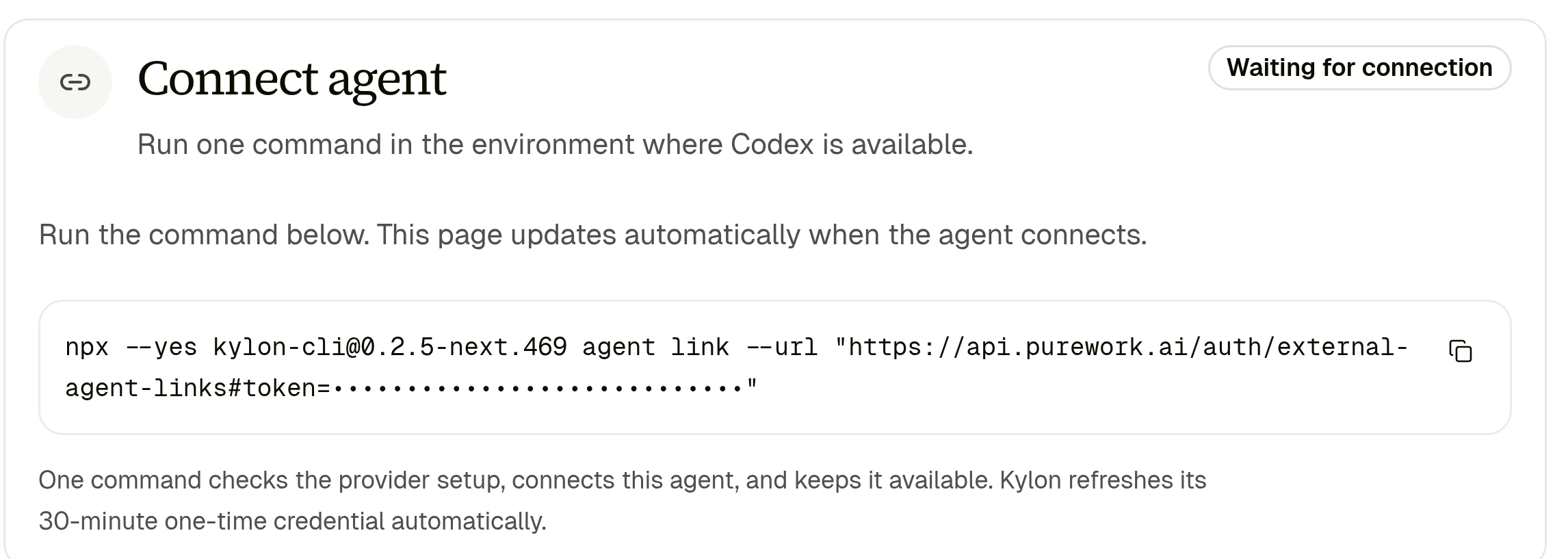 Connect agent card marked Waiting for connection, with a copyable npx kylon-cli agent link command