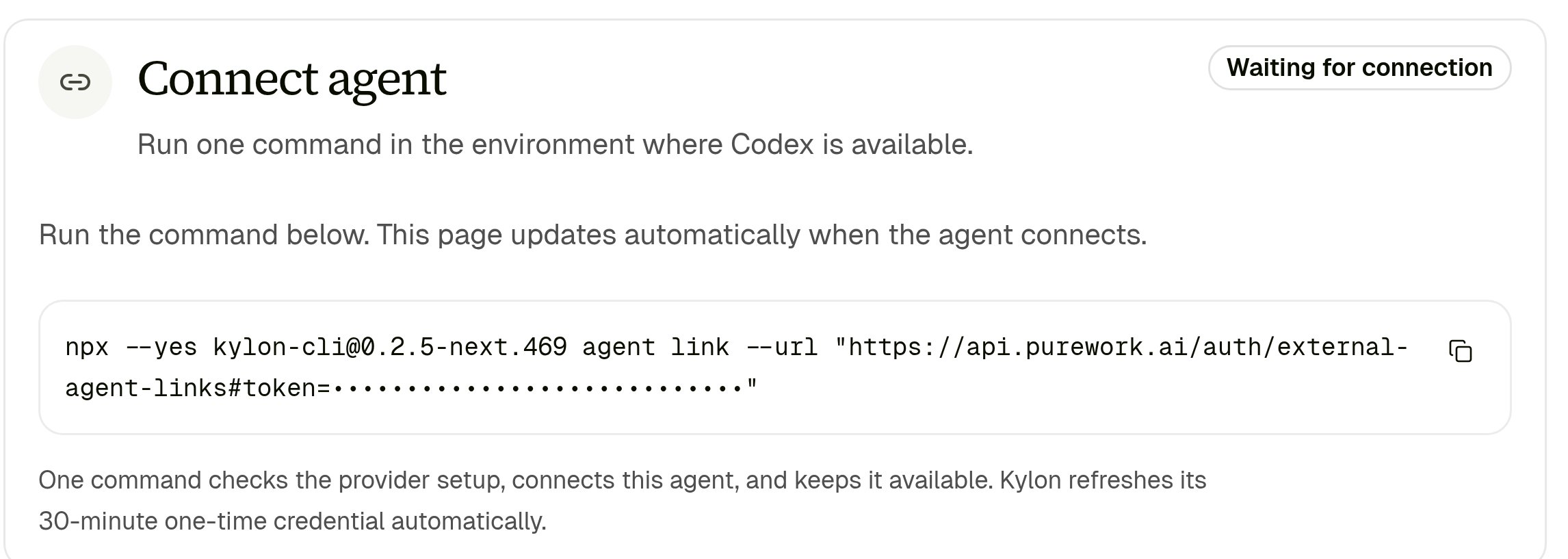 Connect agent card marked Waiting for connection, with a copyable npx kylon-cli agent link command