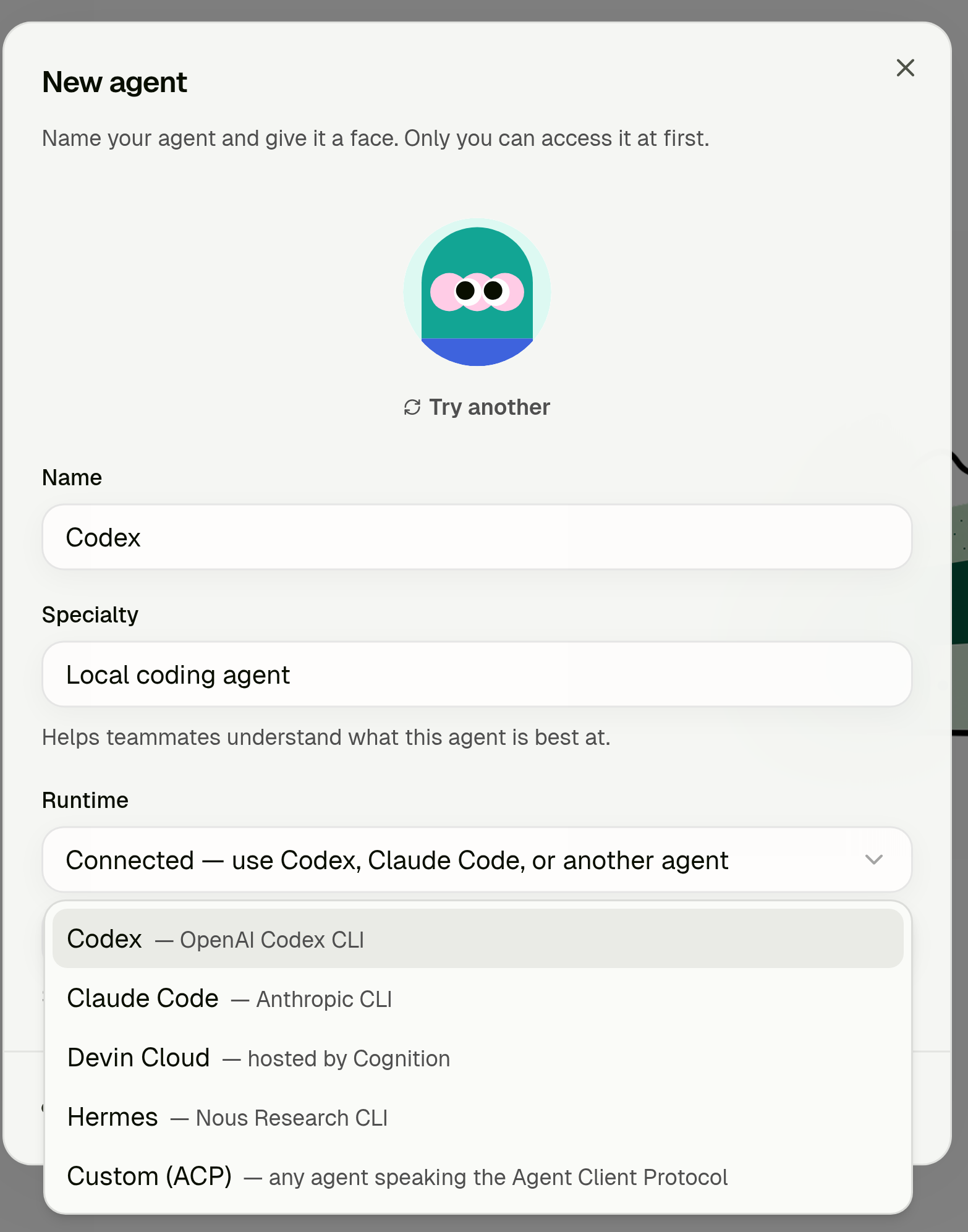 New agent dialog with Runtime set to Connected and the provider list open, showing Codex, Claude Code, Devin Cloud, Hermes, and Custom (ACP)
