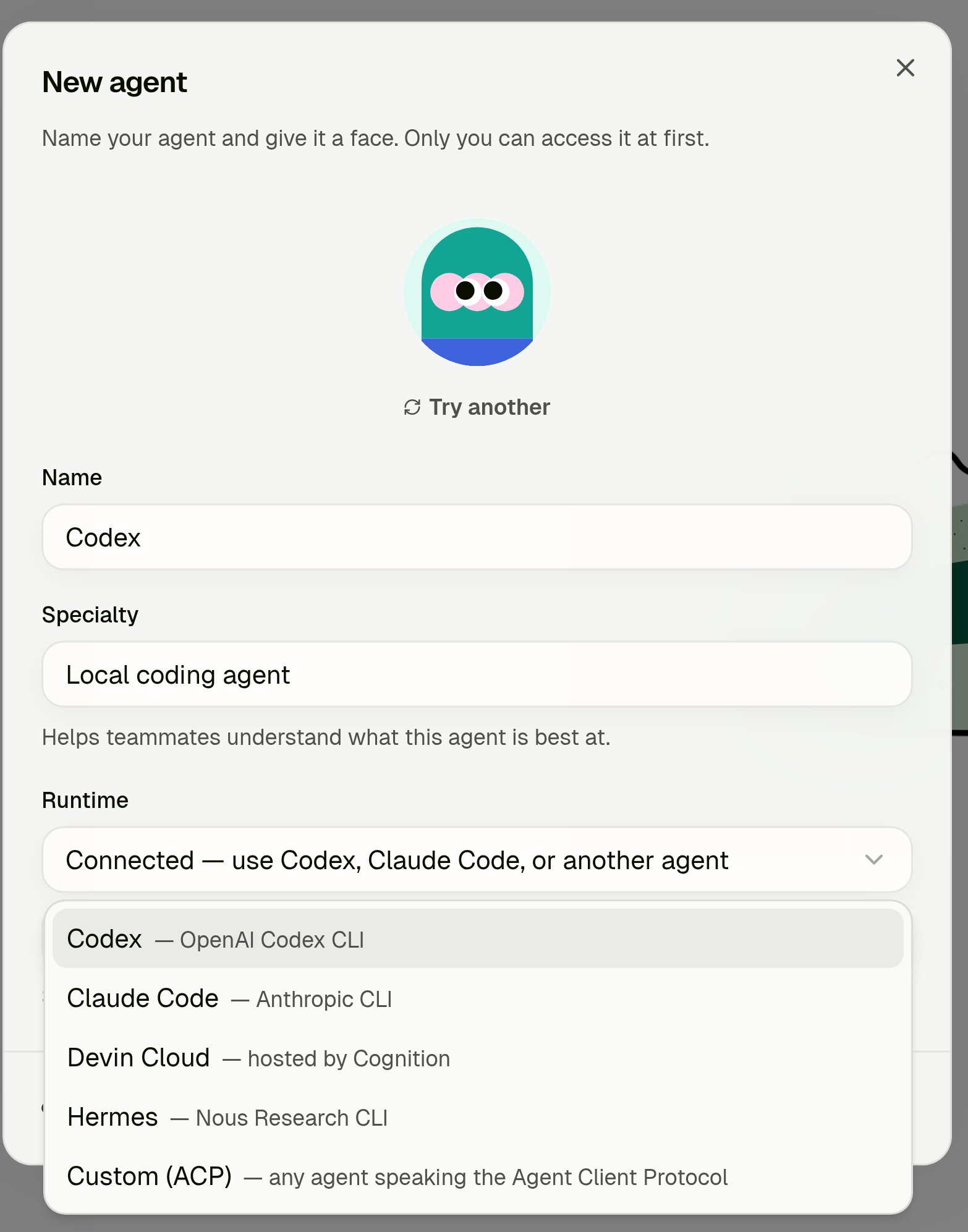 New agent dialog with Runtime set to Connected and the provider list open, showing Codex, Claude Code, Devin Cloud, Hermes, and Custom (ACP)