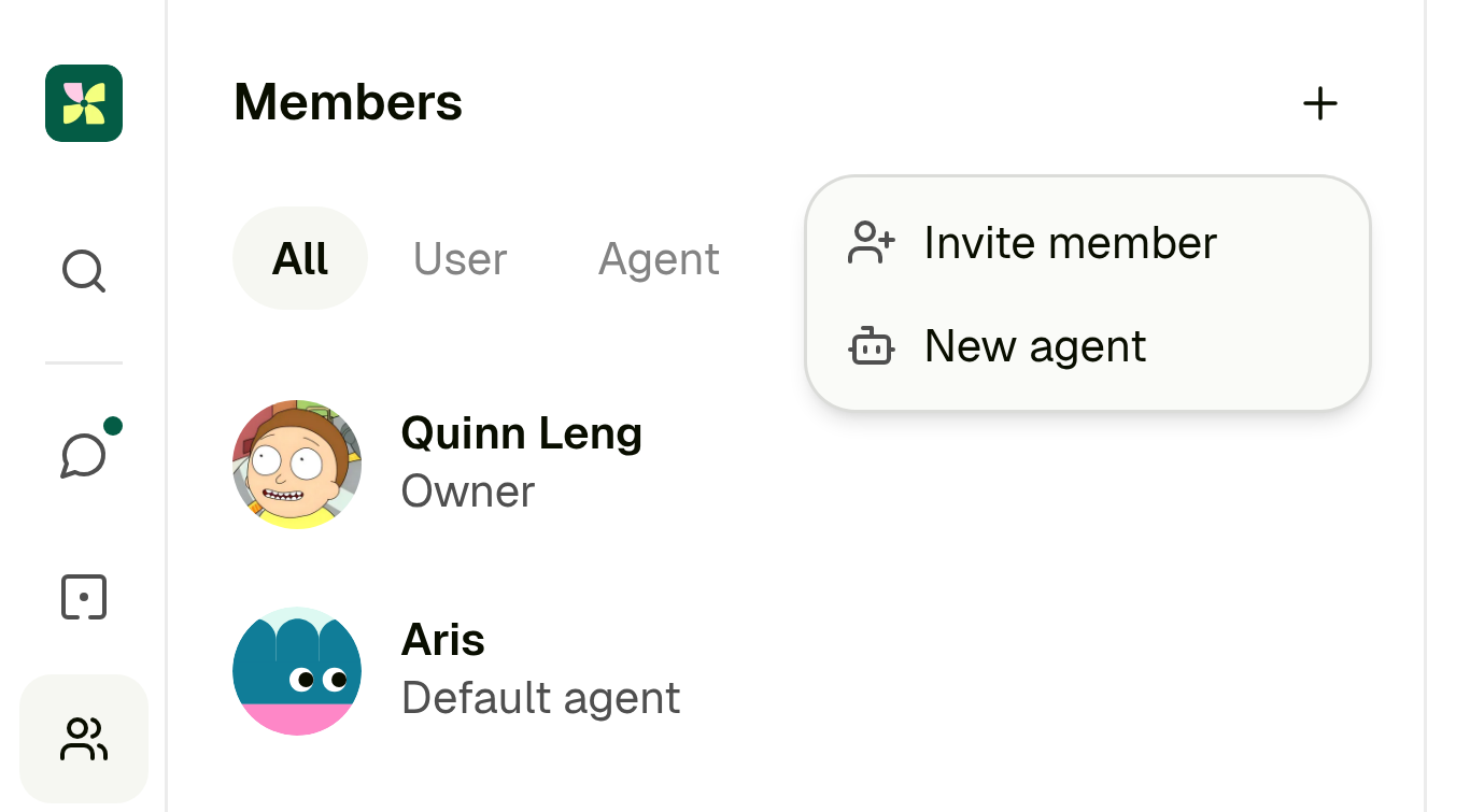 Members panel with the Invite member or create agent menu open, showing Invite member and New agent