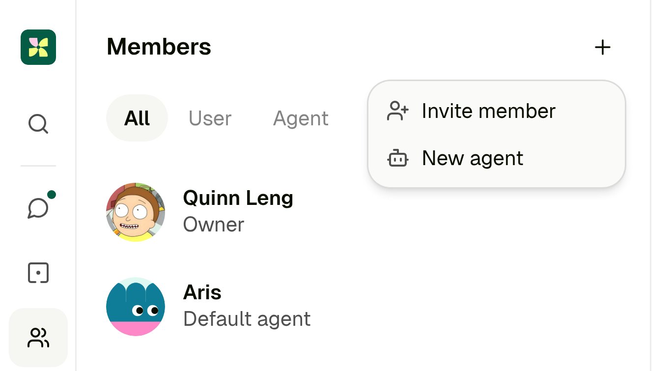 Members panel with the Invite member or create agent menu open, showing Invite member and New agent