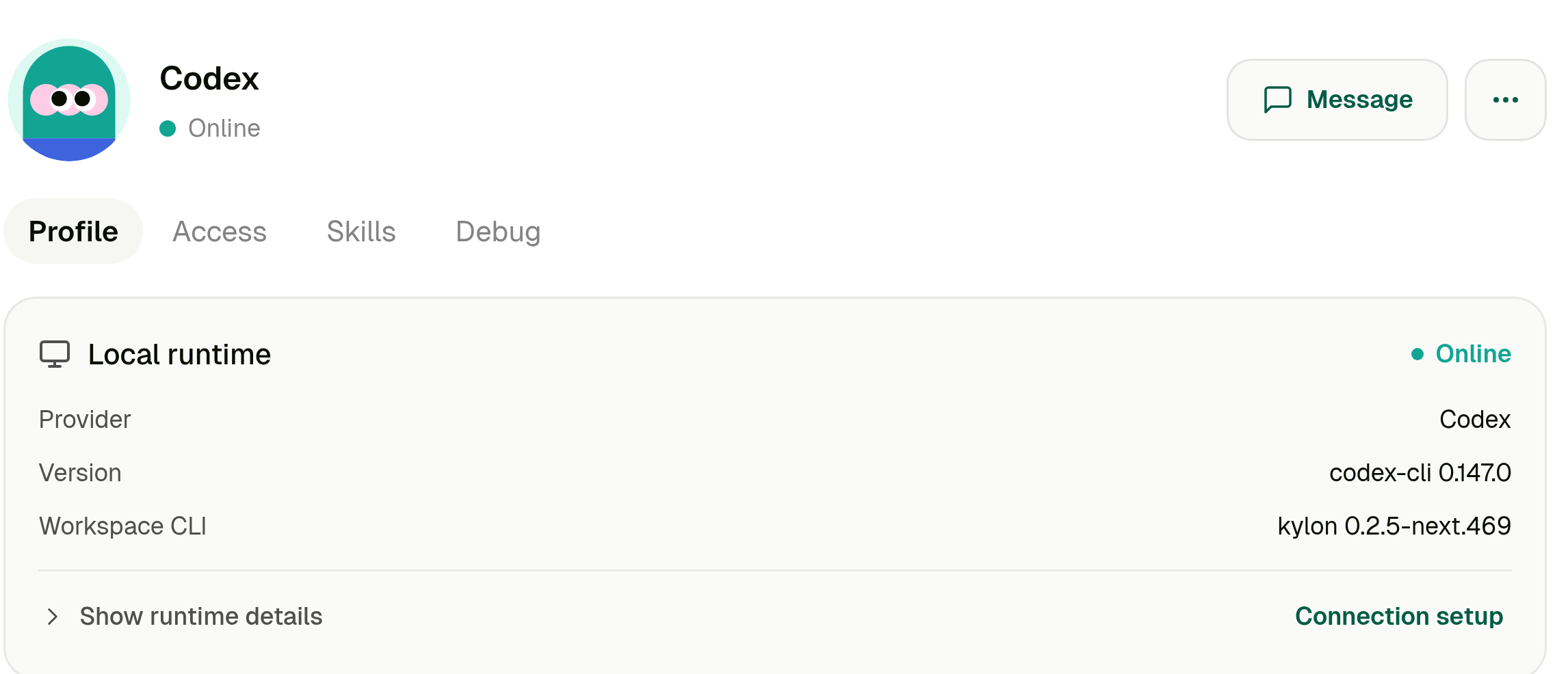 Agent profile showing Local runtime Online with provider Codex, the codex-cli version, and the Kylon CLI version