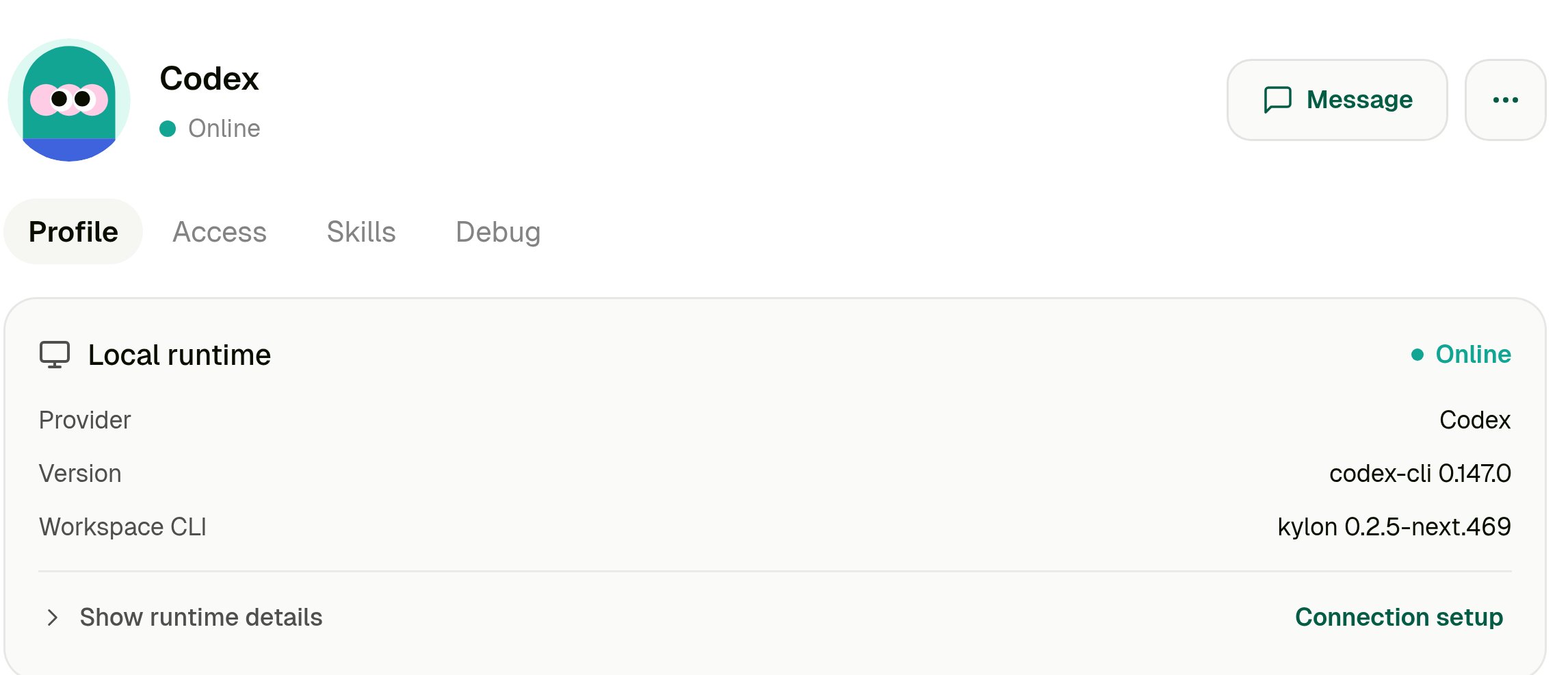 Agent profile showing Local runtime Online with provider Codex, the codex-cli version, and the Kylon CLI version