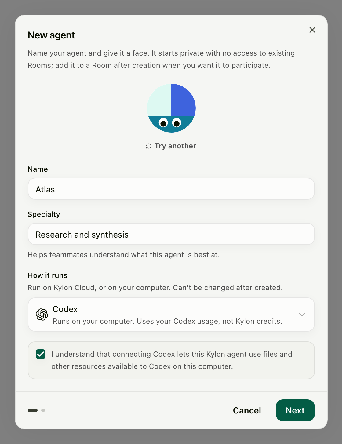 New agent dialog with Codex selected and the computer-access acknowledgement checked, with the Next button enabled