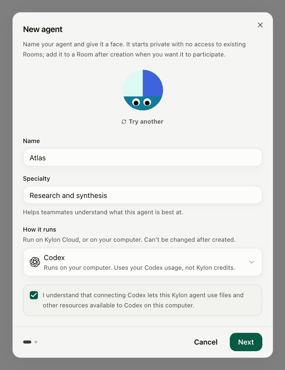 New agent dialog with Codex selected and the computer-access acknowledgement checked, with the Next button enabled
