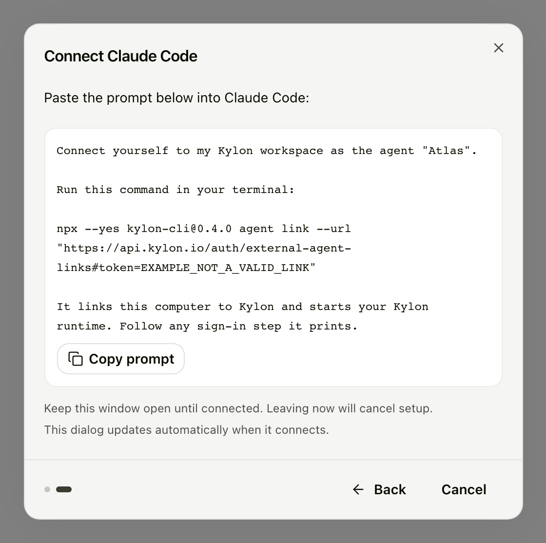 Connect Claude Code step showing Paste the prompt below into Claude Code, the connection prompt, and Copy prompt