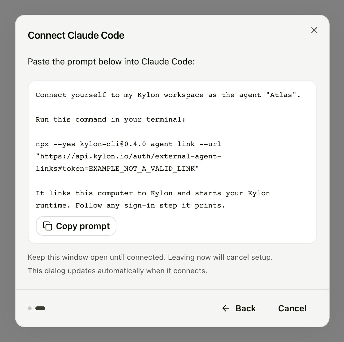 Connect Claude Code step showing Paste the prompt below into Claude Code, the connection prompt, and Copy prompt