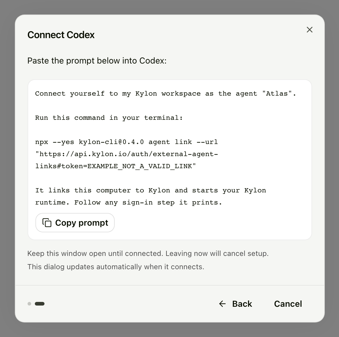 Connect Codex step showing Paste the prompt below into Codex, the connection prompt, and Copy prompt