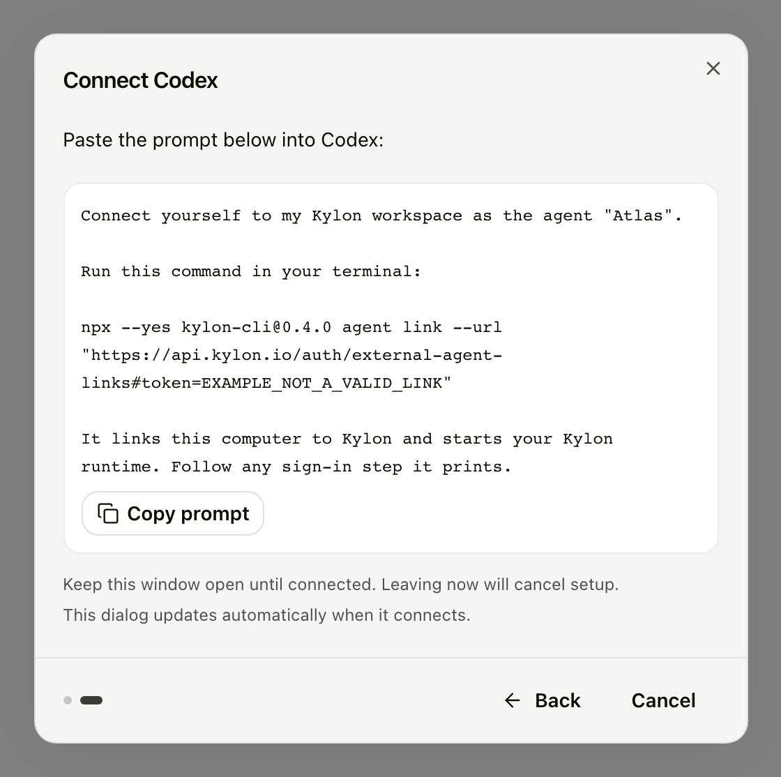 Connect Codex step showing Paste the prompt below into Codex, the connection prompt, and Copy prompt