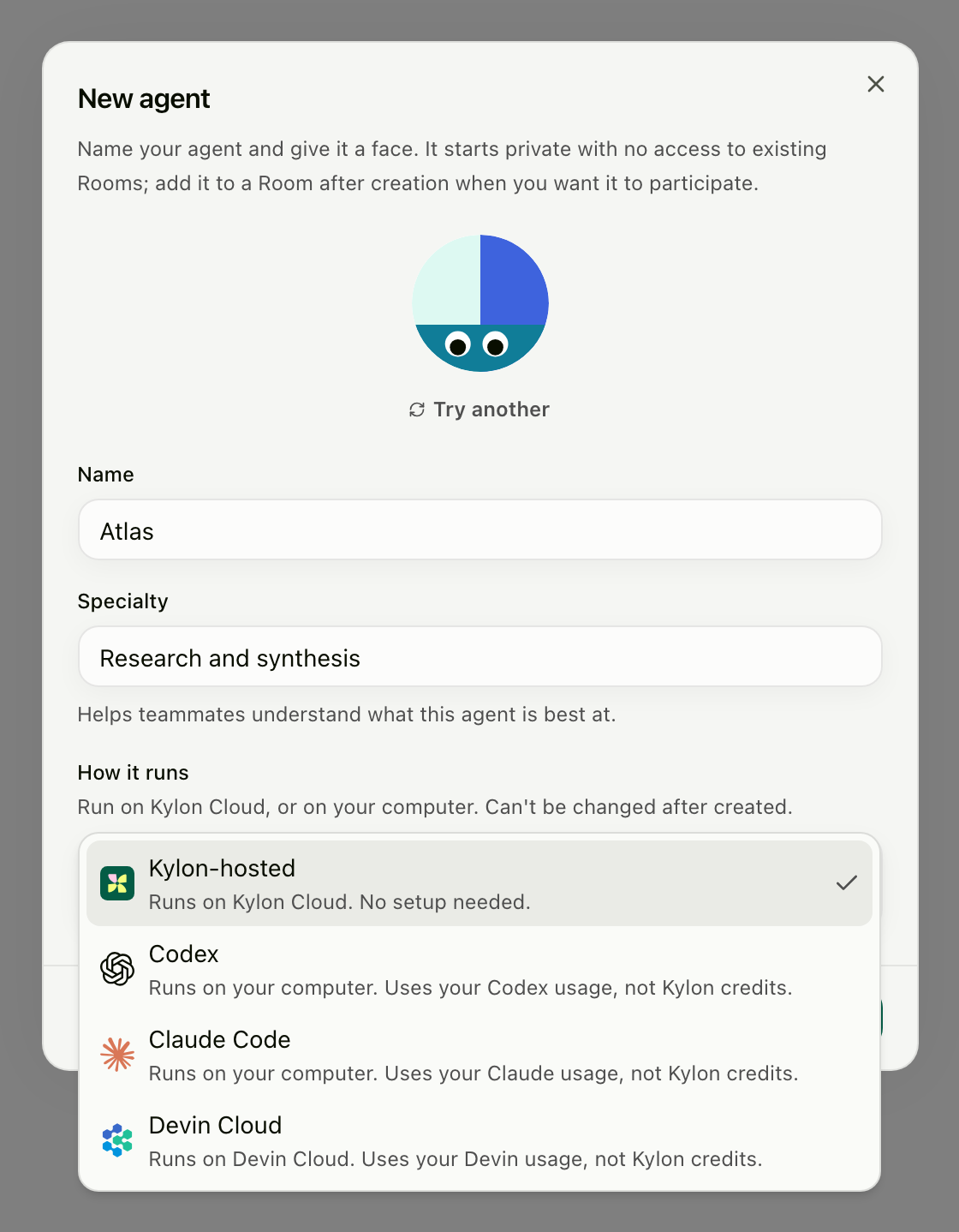 New agent dialog with the How it runs list open, showing Kylon-hosted, Codex, Claude Code, and Devin Cloud