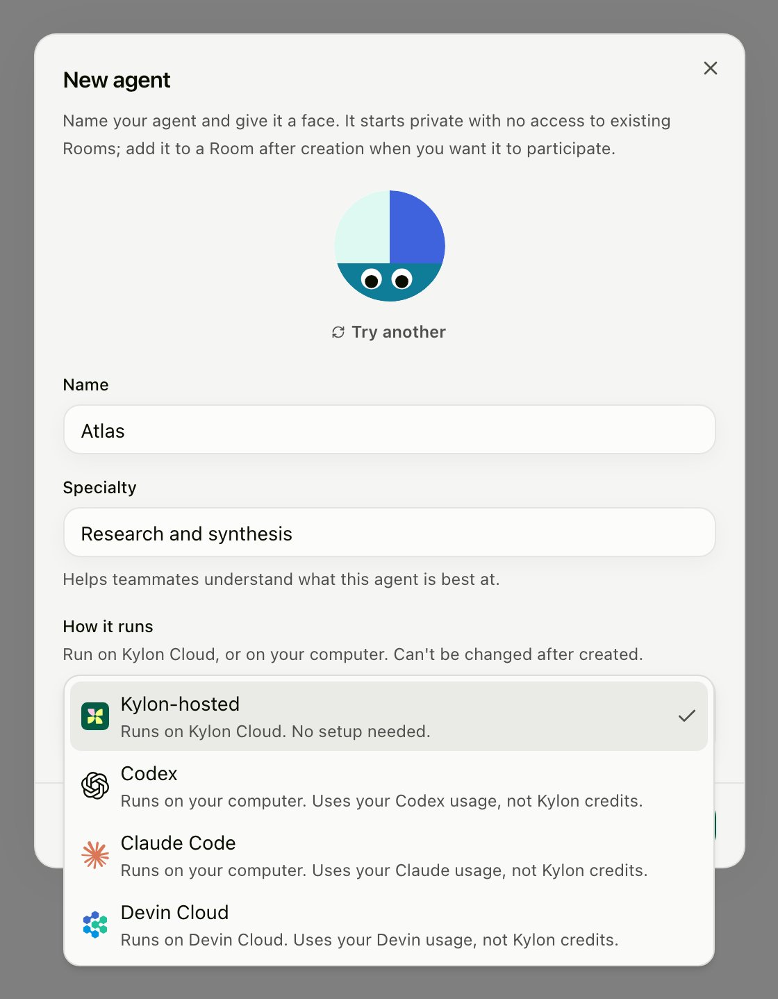 New agent dialog with the How it runs list open, showing Kylon-hosted, Codex, Claude Code, and Devin Cloud