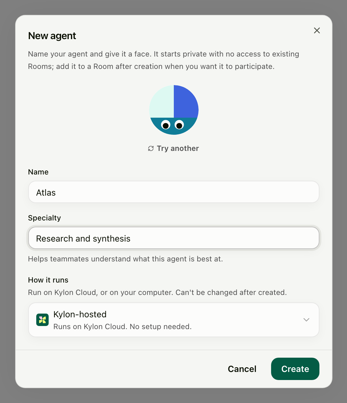New agent dialog with Name, Specialty, How it runs set to Kylon-hosted, and an Intelligence tier