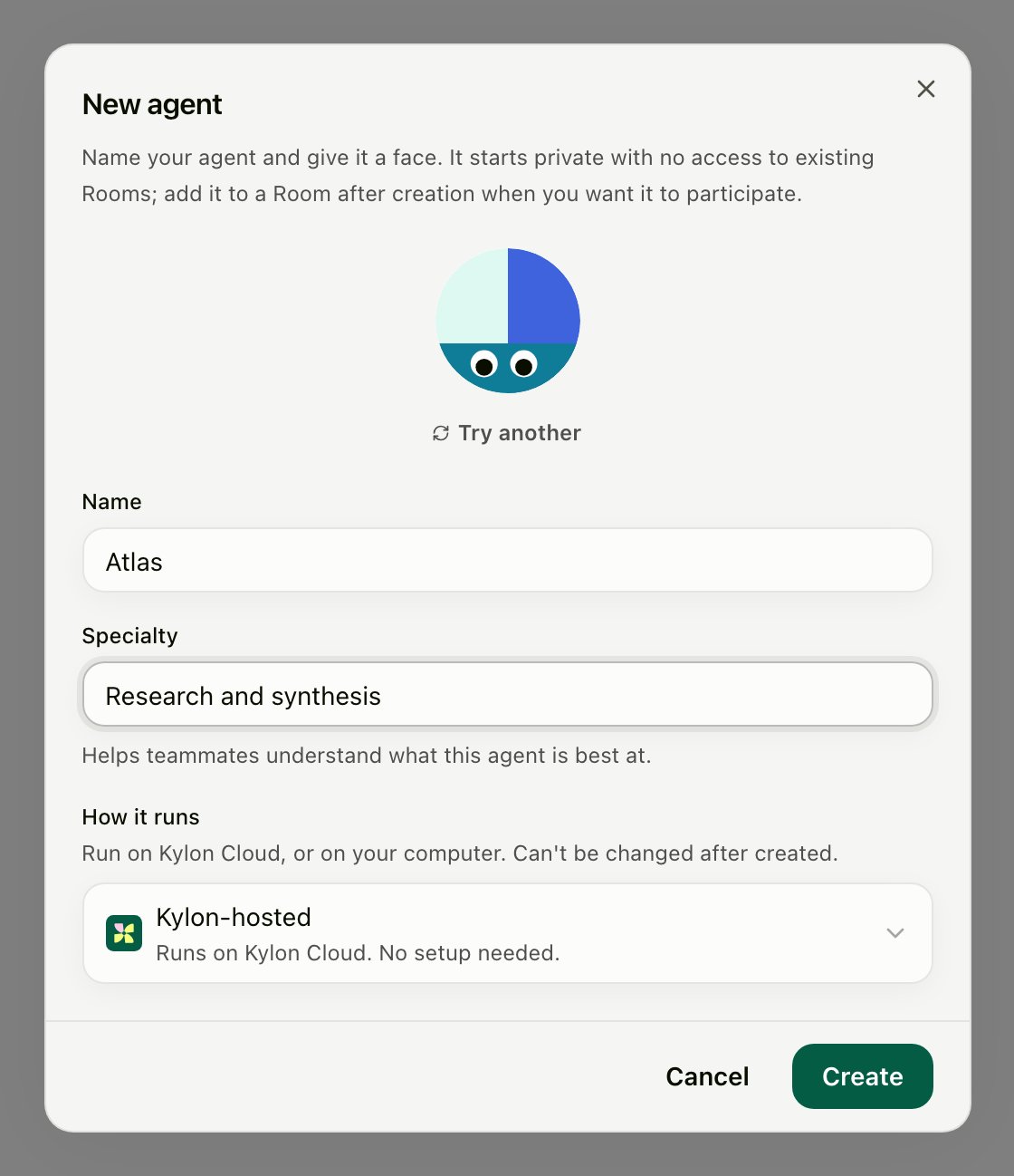 New agent dialog with Name, Specialty, How it runs set to Kylon-hosted, and an Intelligence tier