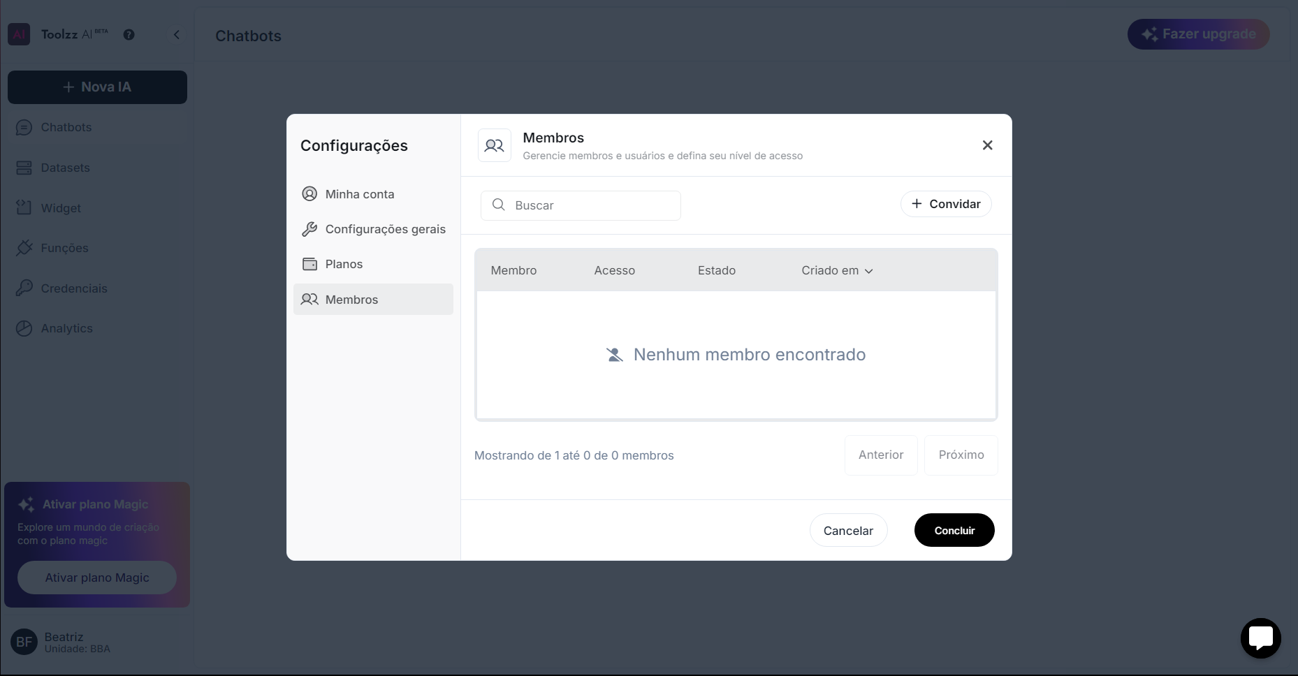 Estado vazio do membro