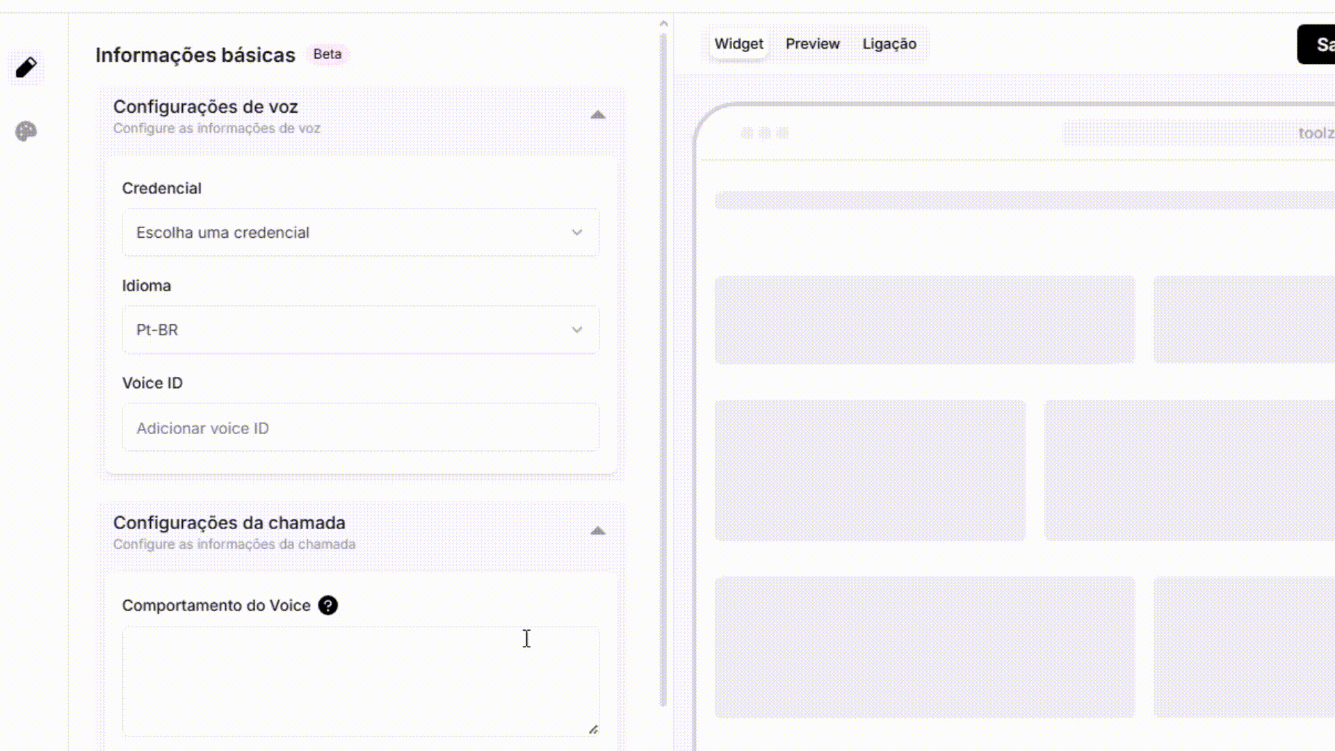 configurações do voice