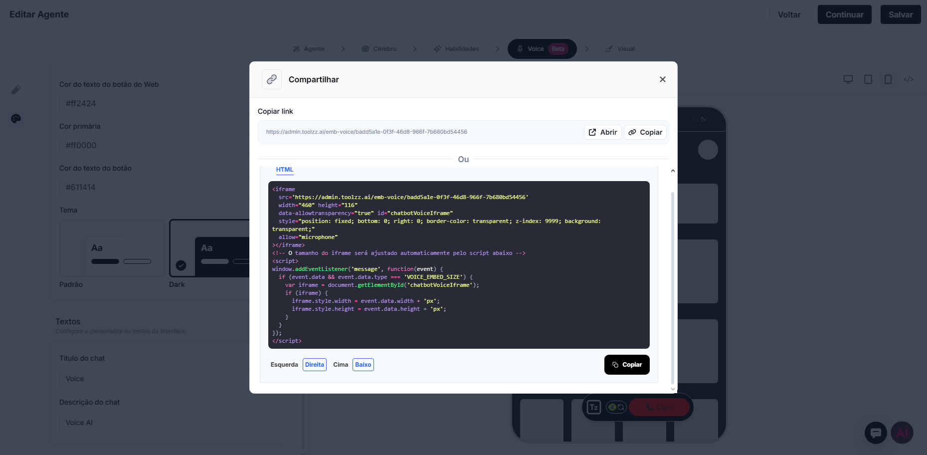 configurações do voice