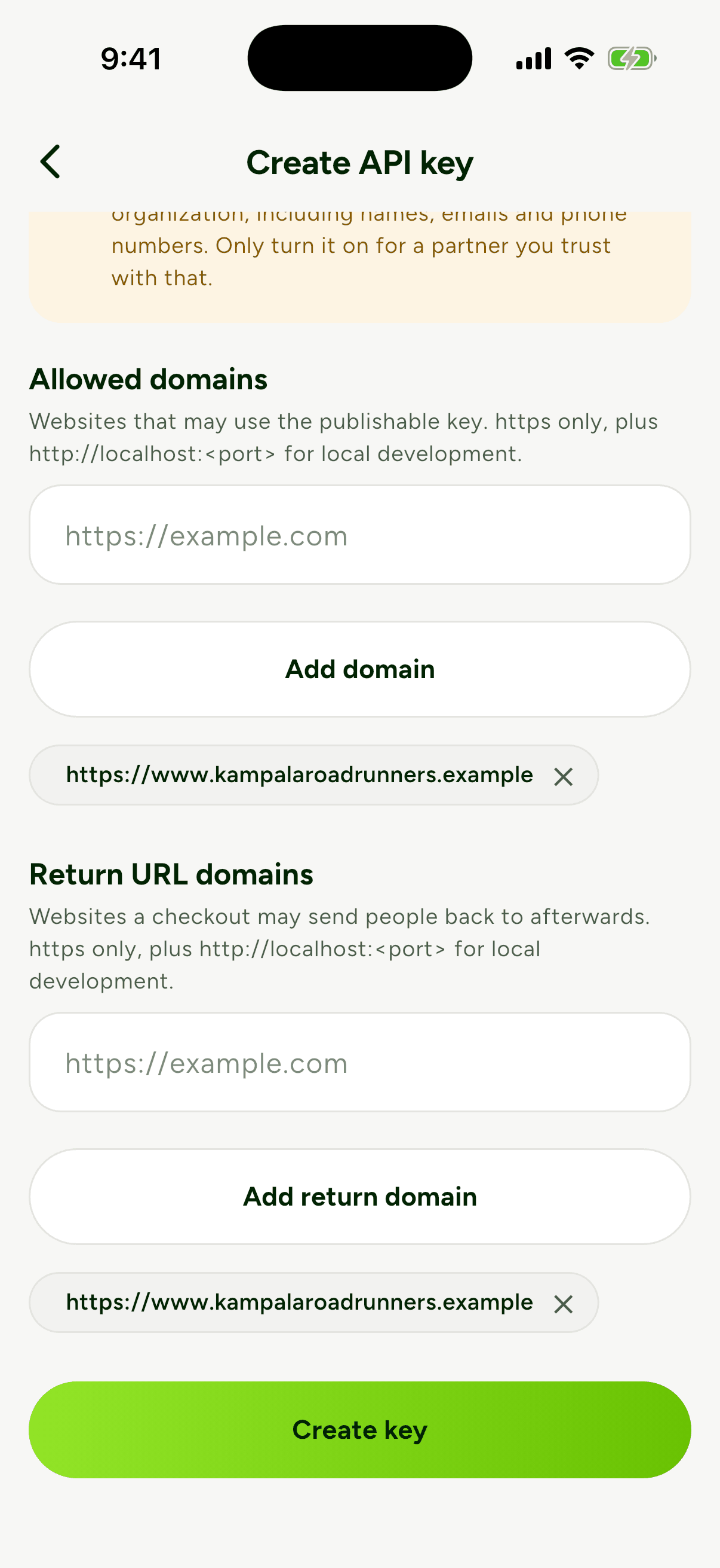 The Allowed domains and Return URL domains fields, each with one domain added, and the Create key button