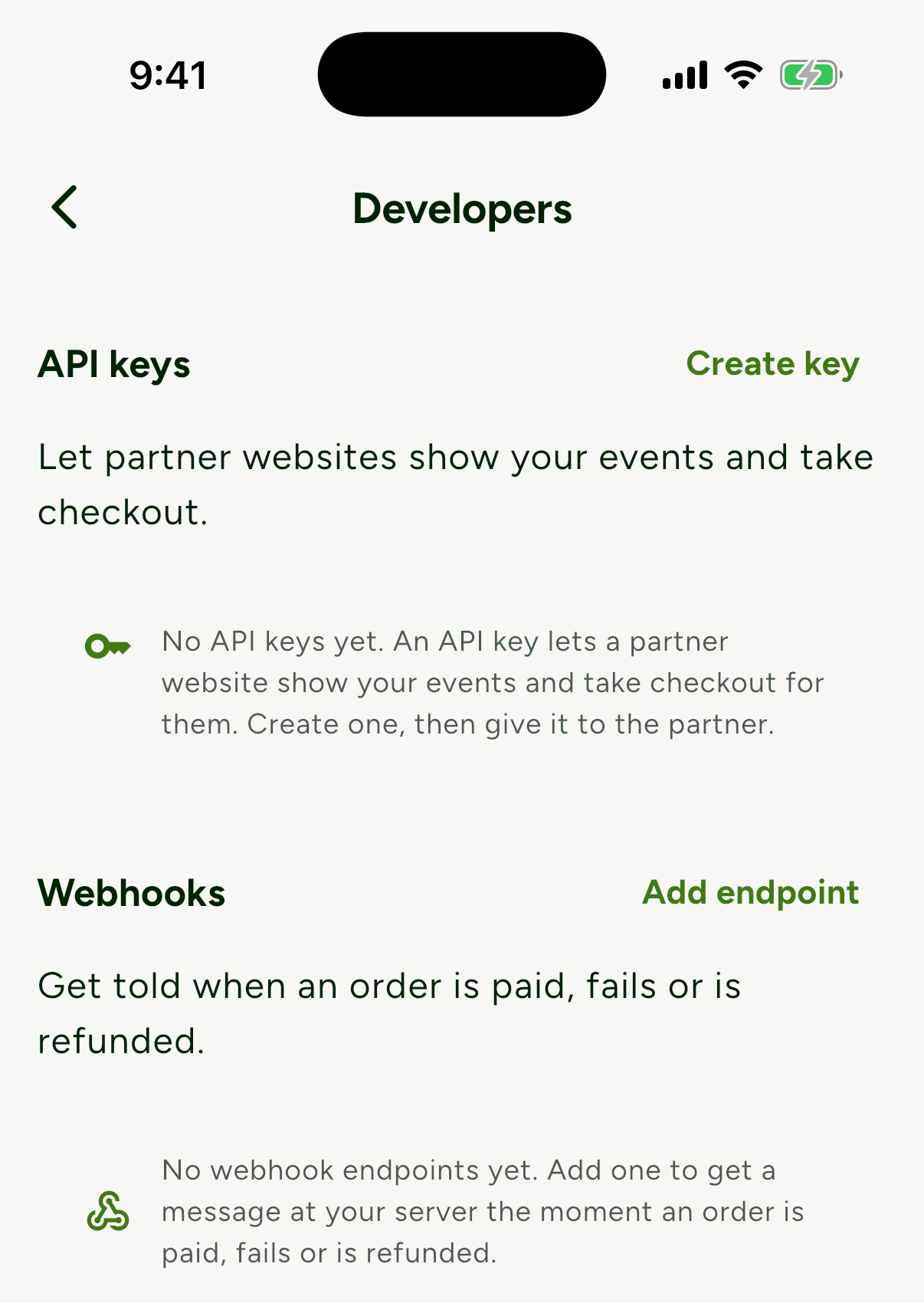 The Laces Developers screen with the API keys and Webhooks sections, each showing a no-items-yet message