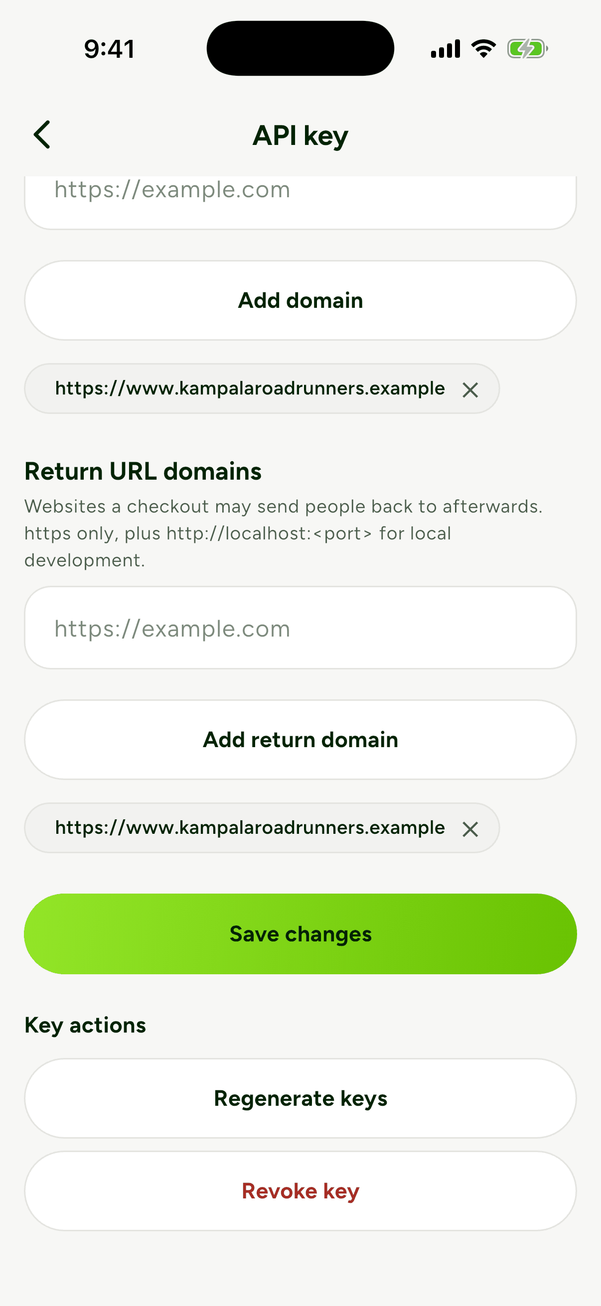 The API key detail screen scrolled to Key actions, showing Save changes, Regenerate keys and Revoke key