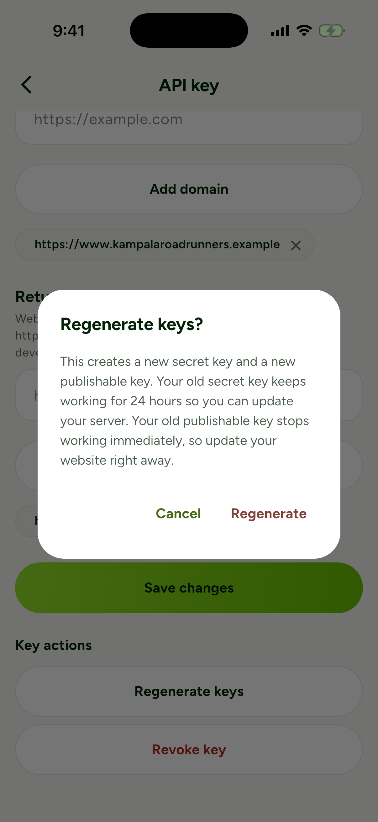 The Regenerate keys confirmation dialog explaining the old secret works for 24 hours and the old publishable key stops immediately, with Cancel and Regenerate buttons