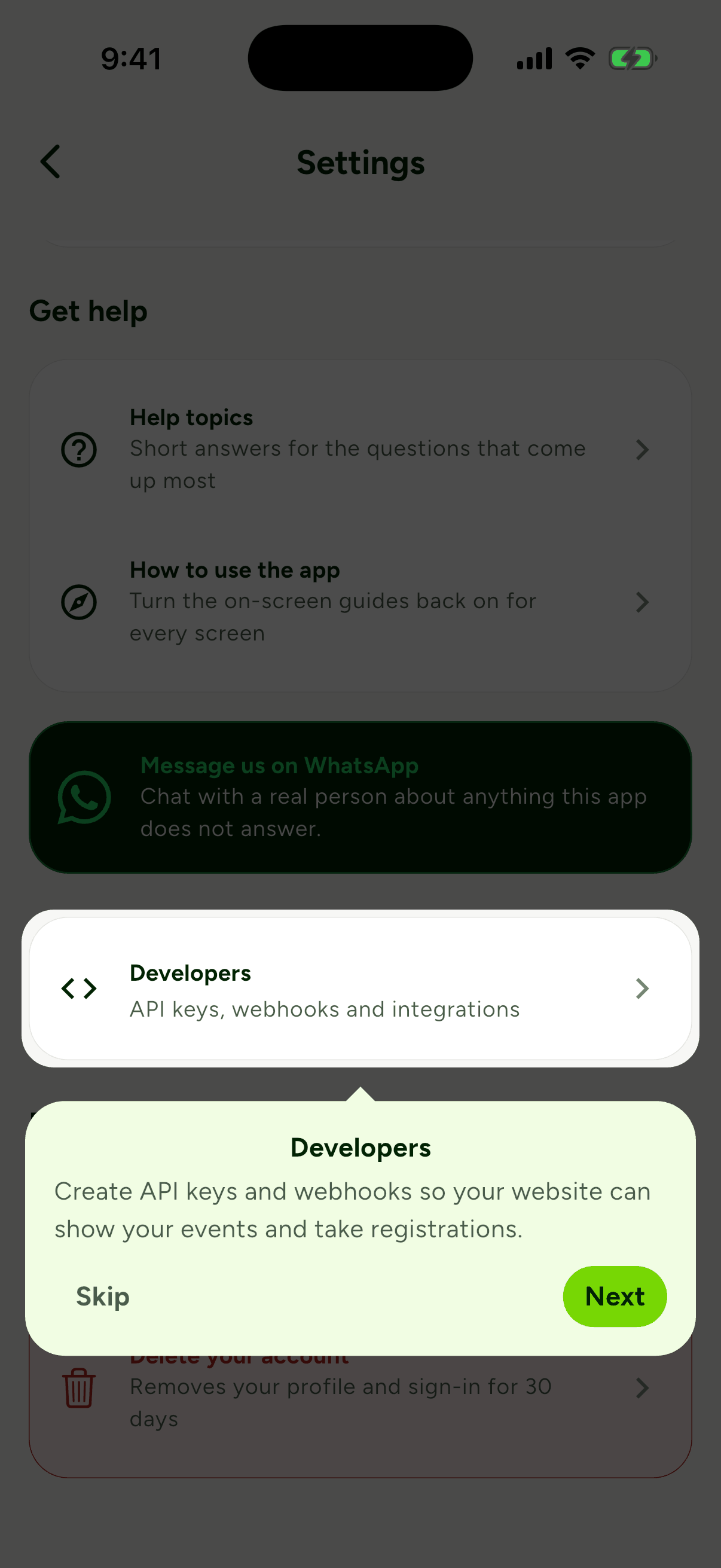 The Laces Settings guide highlighting the Developers tile with the text: Create API keys and webhooks so your website can show your events and take registrations