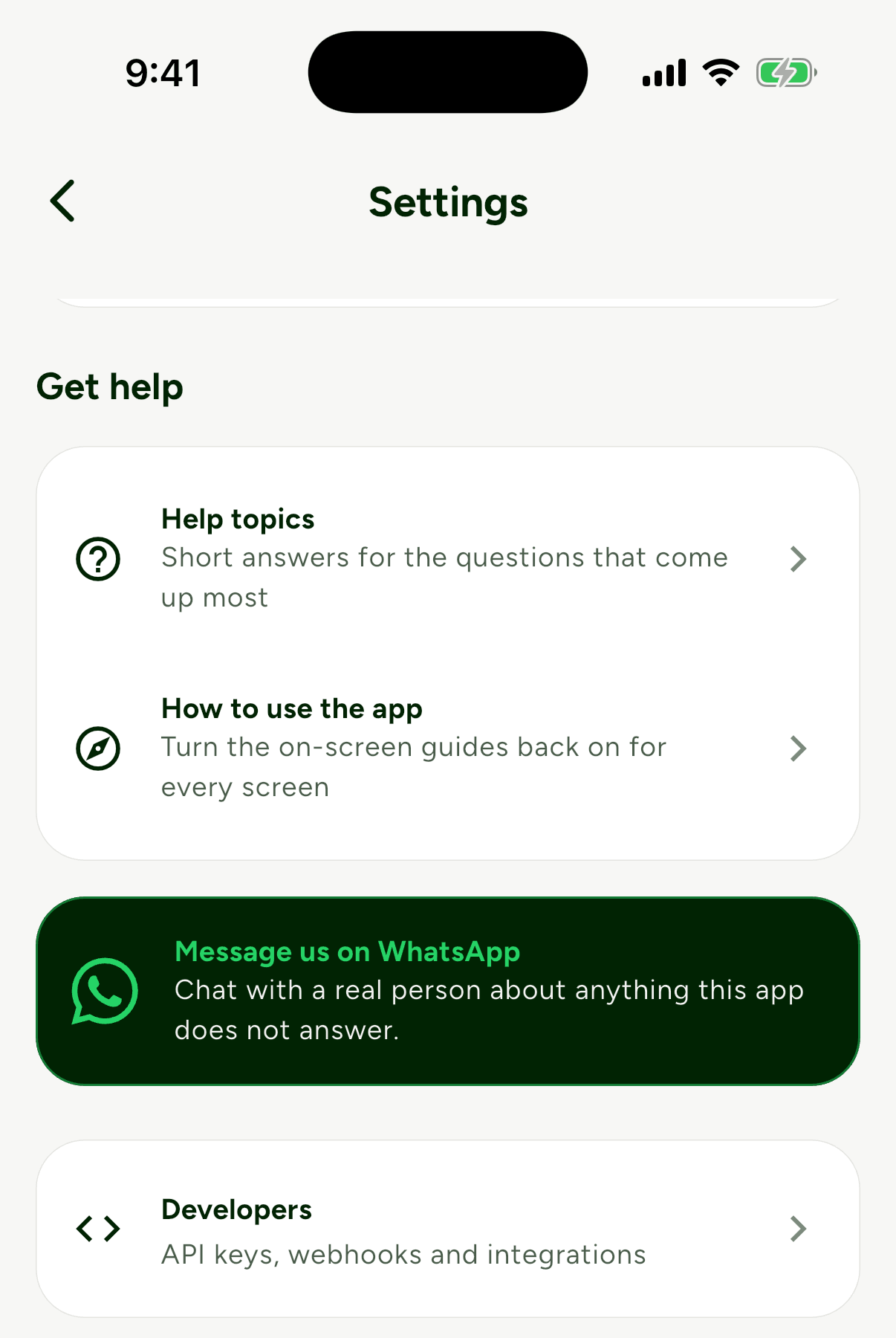 The Laces app Settings screen scrolled to the Get help section, with the Developers tile (API keys, webhooks and integrations) below it
