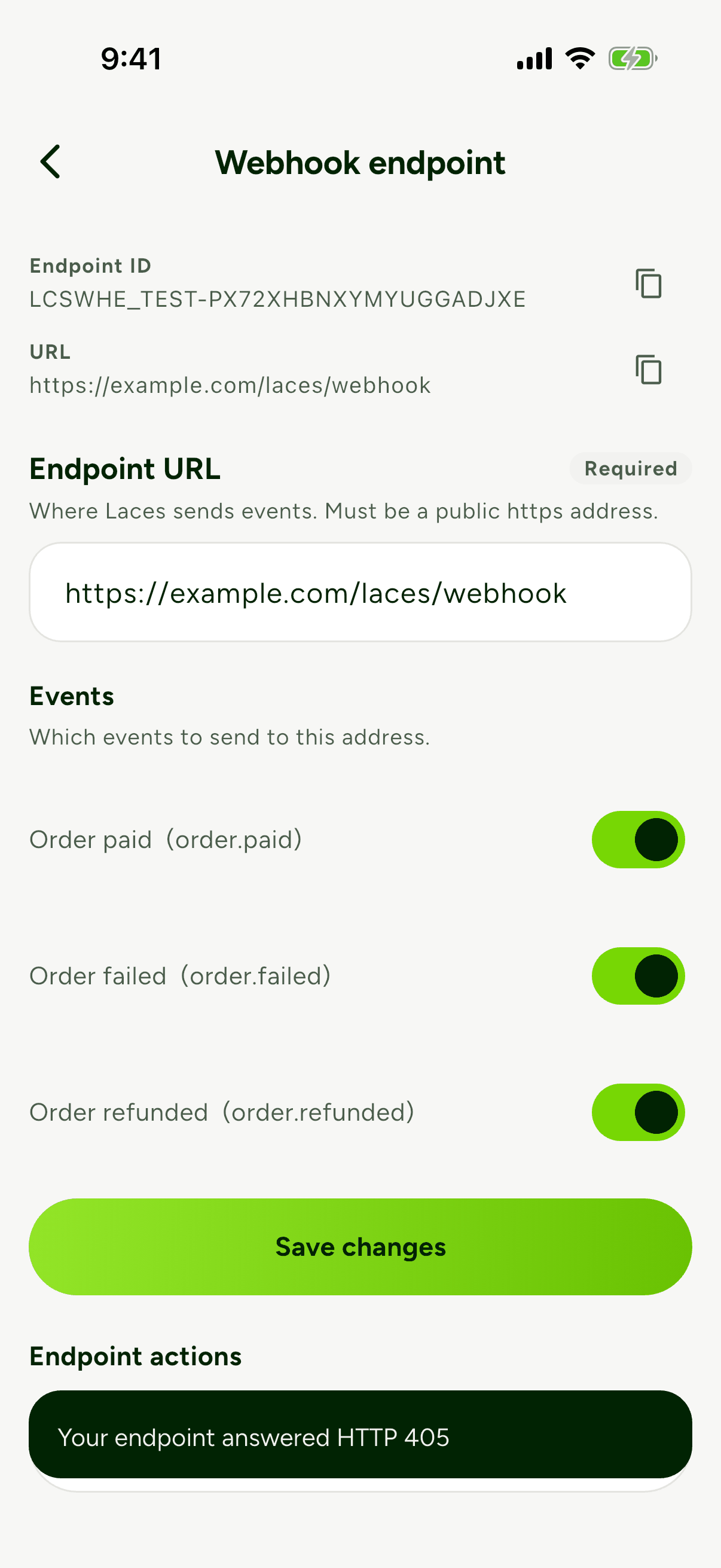The Webhook endpoint screen with a message reading Your endpoint answered HTTP 405