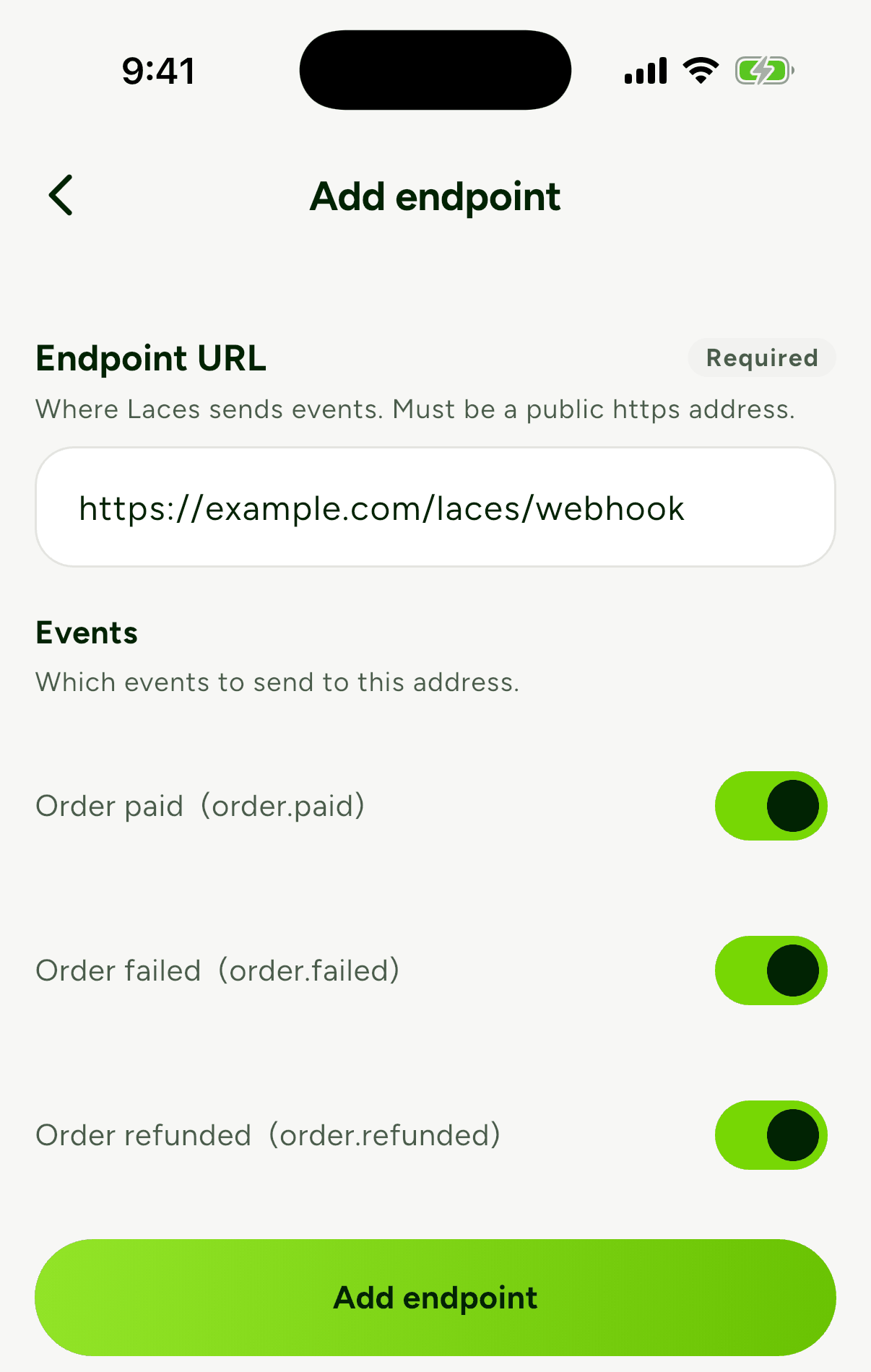The Add endpoint form with the URL https://example.com/laces/webhook and the order.paid, order.failed and order.refunded events switched on