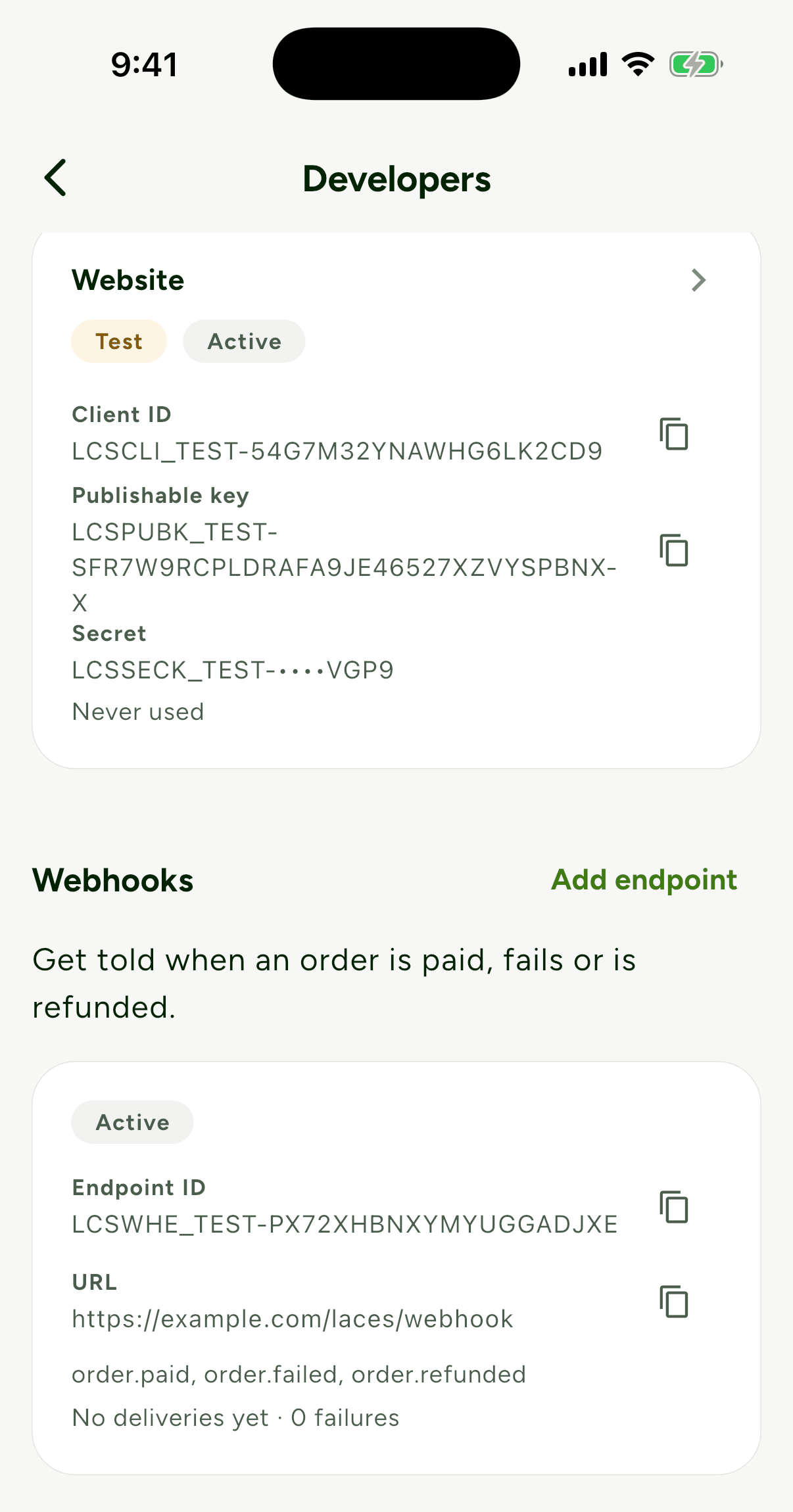 The Developers screen with a webhook endpoint card showing its endpoint ID, URL, subscribed events and No deliveries yet